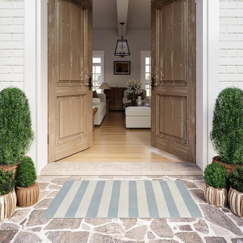 LEEVAN Front Door Rug 24'' x 35'', Machine Washable Blue Outdoor Rug Entryway Rugs, Indoor Striped Rug Cotton Hand-Woven Small Area Rug Outdoor Mats for Porch/Farmhouse/Home Entrance in Kuwait