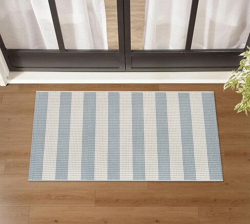 LEEVAN Front Door Rug 24'' x 35'', Machine Washable Blue Outdoor Rug Entryway Rugs, Indoor Striped Rug Cotton Hand-Woven Small Area Rug Outdoor Mats for Porch/Farmhouse/Home Entrance in Kuwait