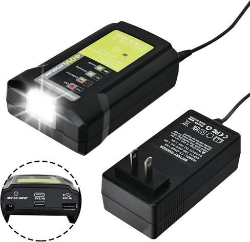 محول بديل لشاحن الأدوات الكهربائية لبطارية ليثيوم أيون RYOBI LUB40V حماية من الشحن الزائد مع 5V2.1 USB من النوع c يمكن شحن الهاتف بمدخل 40VDC وإضاءة LED 3 وات (البطارية غير متضمنة) in Kuwait