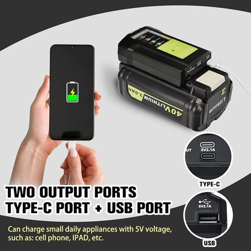 محول بديل لشاحن الأدوات الكهربائية لبطارية ليثيوم أيون RYOBI LUB40V حماية من الشحن الزائد مع 5V2.1 USB من النوع c يمكن شحن الهاتف بمدخل 40VDC وإضاءة LED 3 وات (البطارية غير متضمنة) in Kuwait