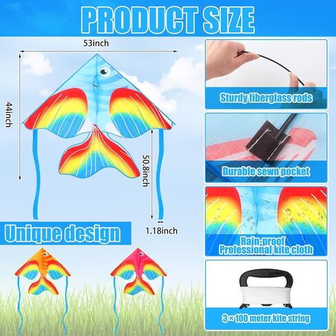 3 Pcs Large Fish Kites for Kids Delta Kite Easy to Fly Cute Beach Kite with 3 Pcs 109 Yard Flying Lines for Beginner Adults Kids Park Spring Outdoor Games in Kuwait