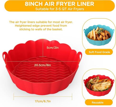 قطعتان من بطانات مقلاة الهواء المصنوعة من السيليكون، مقاس 8 بوصة، ملحقات فرن مقلاة الهواء القابلة لإعادة الاستخدام، وعاء سلة من السيليكون، وعاء مستدير مقاوم للحرارة وقابل للغسل، 25 قطعة بديلة من بطانات ورق البرشمان لمقلاة هوائية من 3 إلى 5 كيو تي in Kuwait