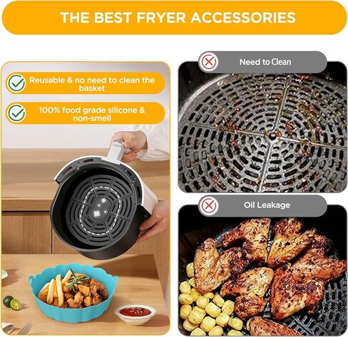 قطعتان من بطانات مقلاة الهواء المصنوعة من السيليكون، مقاس 8 بوصة، ملحقات فرن مقلاة الهواء القابلة لإعادة الاستخدام، وعاء سلة من السيليكون، وعاء مستدير مقاوم للحرارة وقابل للغسل، 25 قطعة بديلة من بطانات ورق البرشمان لمقلاة هوائية من 3 إلى 5 كيو تي in Kuwait