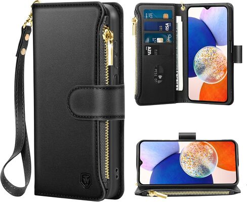 for Samsung Galaxy A14 Case with 4 Card Slots, Soft PU Leather Flip Wallet Zipper Pocket Removable Wrist Strap Magnetic Closure Kickstand Phone Case for Samsung A14 5G - Black in Saudi Arabia