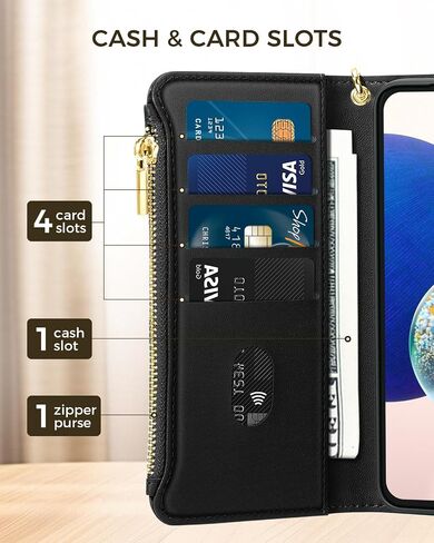 for Samsung Galaxy A14 Case with 4 Card Slots, Soft PU Leather Flip Wallet Zipper Pocket Removable Wrist Strap Magnetic Closure Kickstand Phone Case for Samsung A14 5G - Black in Saudi Arabia
