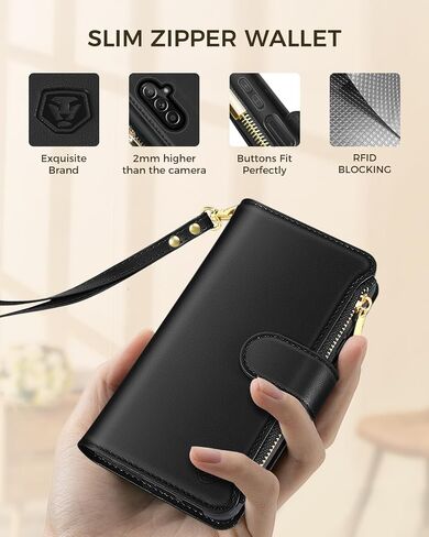 for Samsung Galaxy A14 Case with 4 Card Slots, Soft PU Leather Flip Wallet Zipper Pocket Removable Wrist Strap Magnetic Closure Kickstand Phone Case for Samsung A14 5G - Black in Saudi Arabia