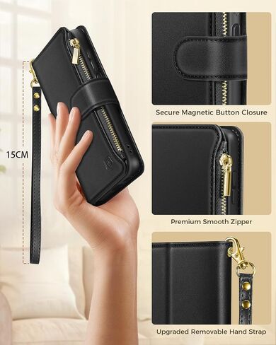 for Samsung Galaxy A14 Case with 4 Card Slots, Soft PU Leather Flip Wallet Zipper Pocket Removable Wrist Strap Magnetic Closure Kickstand Phone Case for Samsung A14 5G - Black in Saudi Arabia