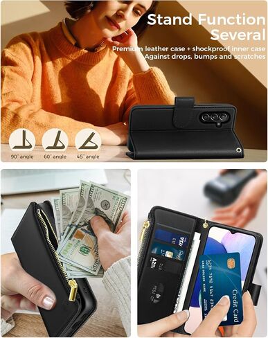 for Samsung Galaxy A14 Case with 4 Card Slots, Soft PU Leather Flip Wallet Zipper Pocket Removable Wrist Strap Magnetic Closure Kickstand Phone Case for Samsung A14 5G - Black in Saudi Arabia