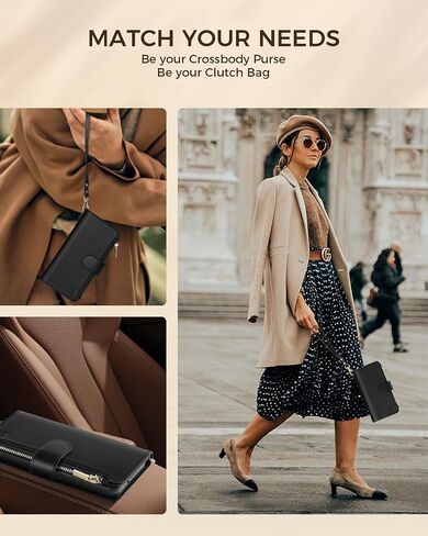 for Samsung Galaxy A14 Case with 4 Card Slots, Soft PU Leather Flip Wallet Zipper Pocket Removable Wrist Strap Magnetic Closure Kickstand Phone Case for Samsung A14 5G - Black in Saudi Arabia