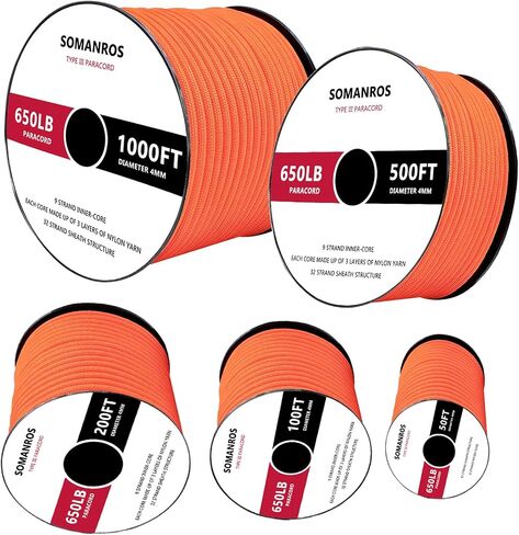 650lb Paracord Rope, Type III Paracord 50', 100', 200', 500'，1000' Lengths，4mm 9 Strand Parachute Spool Cord for DIY Projects and Outdoor in Saudi Arabia