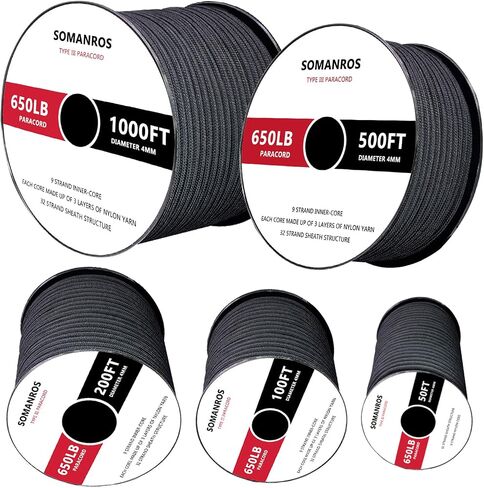 650lb Paracord Rope, Type III Paracord 50', 100', 200', 500'，1000' Lengths，4mm 9 Strand Parachute Spool Cord for DIY Projects and Outdoor in Saudi Arabia