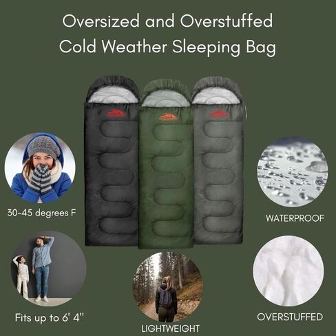 Oversized 0 Degree Cold Weather Sleeping Bag for Adult, 3-4 Seasons, Hooded, Waterproof, Windproof, Overstuffed Fits up to 6' 4", Light Weight, Mummy Style Butterfly Sleeping Bag in Saudi Arabia