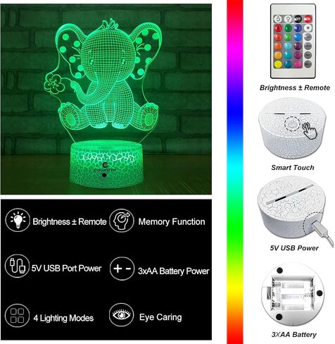 easuntec Elephant Gifts Elephant Lamp with Remote & Smart Touch 7 Colors + 16 Colors Changing Elephant Gifts for Women 4 5 6 7 8 Year Old Girl Gifts (Epht16WT) in Saudi Arabia