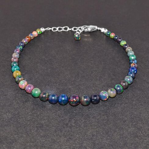 InfinityGemsArt Black Opal Bracelet, Natural Gemstone Beads, Beaded Rounds, October Birthstone, Dainty Handmade Jewelry Women, Energy Healing Crystals, 925 Sterling Silver Chain 8 inch in Saudi Arabia