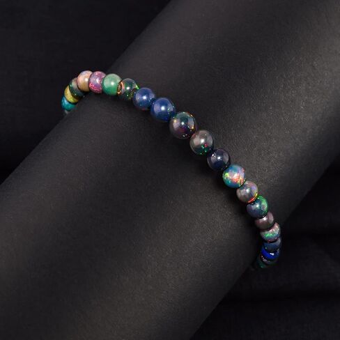 InfinityGemsArt Black Opal Bracelet, Natural Gemstone Beads, Beaded Rounds, October Birthstone, Dainty Handmade Jewelry Women, Energy Healing Crystals, 925 Sterling Silver Chain 8 inch in Saudi Arabia