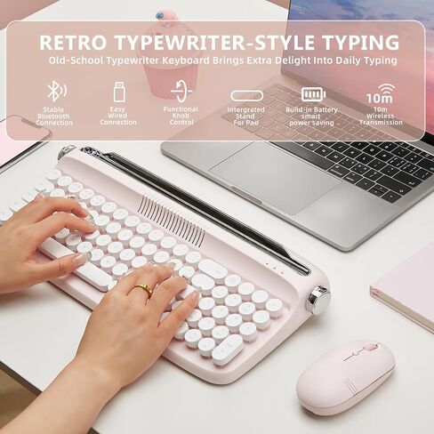 YUNZII Upgraded Wireless Keyboard, Retro Keyboard Typewriter Style with Integrated Stand, USB-C/Bluetooth Keyboard with Cute Round Keycaps for Multi Device for Win/Mac (B309, Sweet Mint) in Saudi Arabia