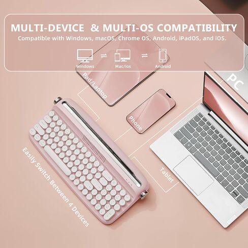 YUNZII Upgraded Wireless Keyboard, Retro Keyboard Typewriter Style with Integrated Stand, USB-C/Bluetooth Keyboard with Cute Round Keycaps for Multi Device for Win/Mac (B309, Sweet Mint) in Saudi Arabia