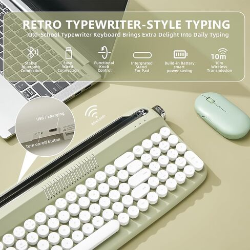 YUNZII Upgraded Wireless Keyboard, Retro Keyboard Typewriter Style with Integrated Stand, USB-C/Bluetooth Keyboard with Cute Round Keycaps for Multi Device for Win/Mac (B309, Sweet Mint) in Saudi Arabia