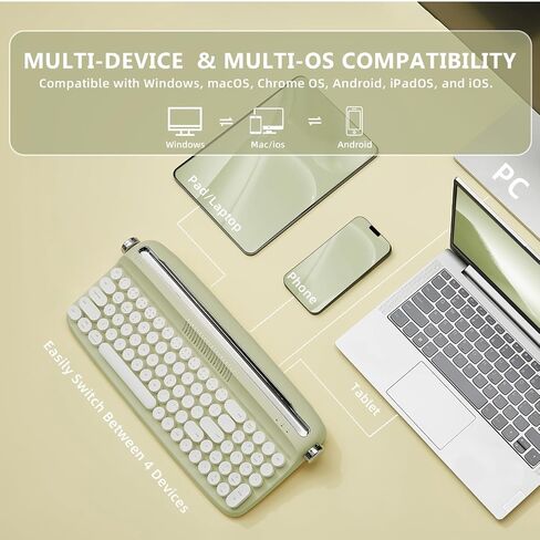 YUNZII Upgraded Wireless Keyboard, Retro Keyboard Typewriter Style with Integrated Stand, USB-C/Bluetooth Keyboard with Cute Round Keycaps for Multi Device for Win/Mac (B309, Sweet Mint) in Saudi Arabia