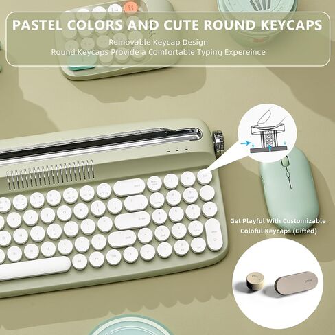YUNZII Upgraded Wireless Keyboard, Retro Keyboard Typewriter Style with Integrated Stand, USB-C/Bluetooth Keyboard with Cute Round Keycaps for Multi Device for Win/Mac (B309, Sweet Mint) in Saudi Arabia
