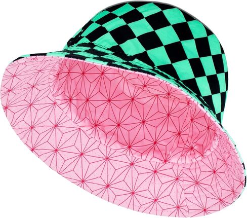 أنيمي قبعة دلو Kamado Tanjirou Kamado Nezuko قبعة بحافة جميع أنحاء الطباعة قبعة بحافة عكسها مزدوجة الجانب ارتداء قبعة الصيد الأخضر/الوردي in Kuwait