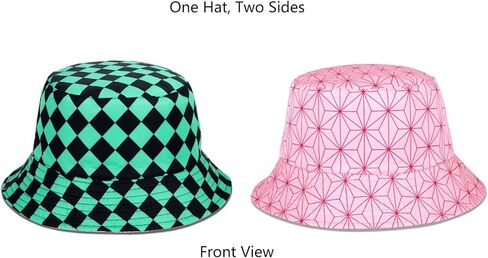 أنيمي قبعة دلو Kamado Tanjirou Kamado Nezuko قبعة بحافة جميع أنحاء الطباعة قبعة بحافة عكسها مزدوجة الجانب ارتداء قبعة الصيد الأخضر/الوردي in Kuwait