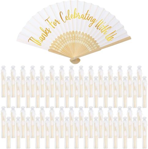 Tatuo 100 Pcs Wedding Party Favors White Silk Wedding Foldable Hand Fans with Organza Bag Bridesmaid Gift with Thanks for Celebrating with Us Bridal Hand Fan for Wedding Gift Dancing Props Party Decor in Kuwait