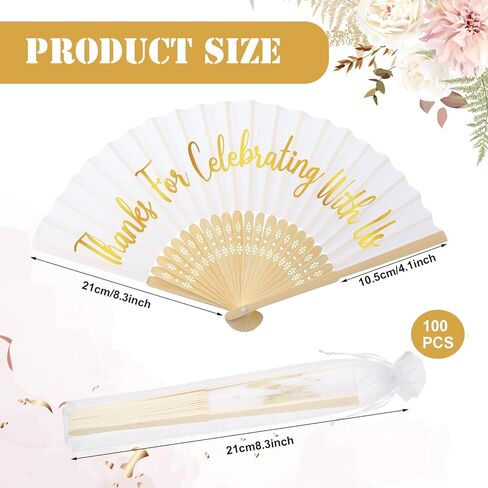 Tatuo 100 Pcs Wedding Party Favors White Silk Wedding Foldable Hand Fans with Organza Bag Bridesmaid Gift with Thanks for Celebrating with Us Bridal Hand Fan for Wedding Gift Dancing Props Party Decor in Kuwait