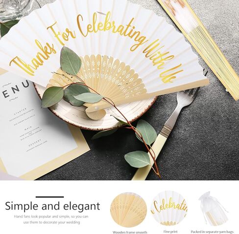 Tatuo 100 Pcs Wedding Party Favors White Silk Wedding Foldable Hand Fans with Organza Bag Bridesmaid Gift with Thanks for Celebrating with Us Bridal Hand Fan for Wedding Gift Dancing Props Party Decor in Kuwait