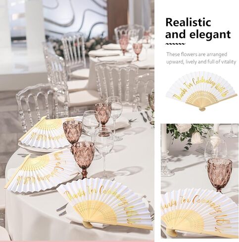Tatuo 100 Pcs Wedding Party Favors White Silk Wedding Foldable Hand Fans with Organza Bag Bridesmaid Gift with Thanks for Celebrating with Us Bridal Hand Fan for Wedding Gift Dancing Props Party Decor in Kuwait