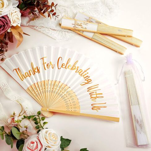 Tatuo 100 Pcs Wedding Party Favors White Silk Wedding Foldable Hand Fans with Organza Bag Bridesmaid Gift with Thanks for Celebrating with Us Bridal Hand Fan for Wedding Gift Dancing Props Party Decor in Kuwait