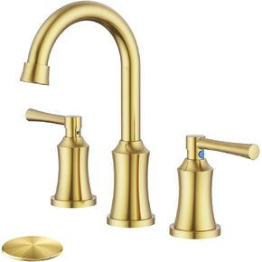 Hurran Bathroom Faucet 3 Hole, 8 Inch Widespread Bathroom Faucets with Pop-up Drain and Supply Line, Bathroom Sink Faucet for Sink, Vanity, RV, Brushed Gold in Kuwait