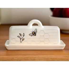 The Bridge Collection Decorative Honey Bee Butter Dish – White Ceramic Honeycomb Pattern With Floral Detail – Farmhouse Style Kitchen Storage For Butter in Saudi Arabia