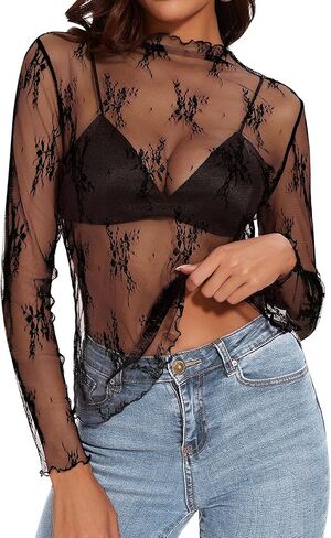 Womens Lace Mesh Long Sleeve Top Floral Sheer See Through Sexy Tops Mock Neck Shirts Party Club Night Blouses in Saudi Arabia