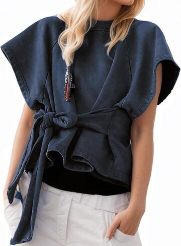 Womens Summer Wrap Top Short Sleeves Tee Shirts Workout Top Crewneck Tie Front Tops Sweatshirt Fashion Clothes in Saudi Arabia