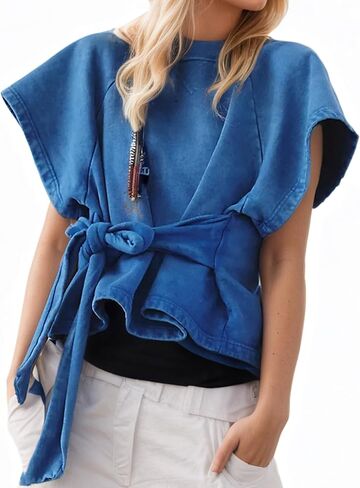 Womens Summer Wrap Top Short Sleeves Tee Shirts Workout Top Crewneck Tie Front Tops Sweatshirt Fashion Clothes in Saudi Arabia