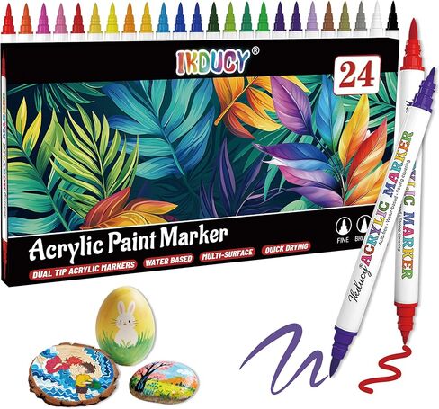 24 Colors Dual Tip Acrylic Paint Markers Set, Fine Tip and Brush Tip Acrylic Paint Pens with 10 Pages Coloring Paper for Rocks, Wood, Canvas, Stone, Paper, Fabric, Glass, DIY Crafts in Saudi Arabia