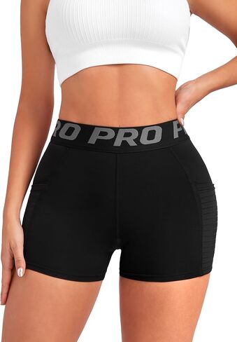 High Waist Yoga Shorts for Women, Invisible Pockets and Alphabet Waistband for Workout, Running, Gym in Saudi Arabia