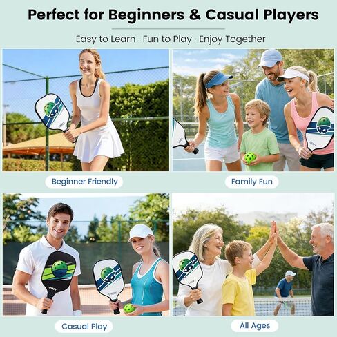 Pickleball Paddles Set of 2, Fiberglass Pickleball Set with Pickleball Rackets 2 Pack, 4 Indoor Outdoor Balls and Carry Bag, Pickle Ball Set for Beginners, Families, Men Women & Intermediate Players in Saudi Arabia