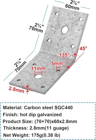 10 Pack 2-3/4" Flush Inside 45 Degree Angle Bracket, Galvanized Pergola Corner Bracket for Wood Post, Furniture in Saudi Arabia