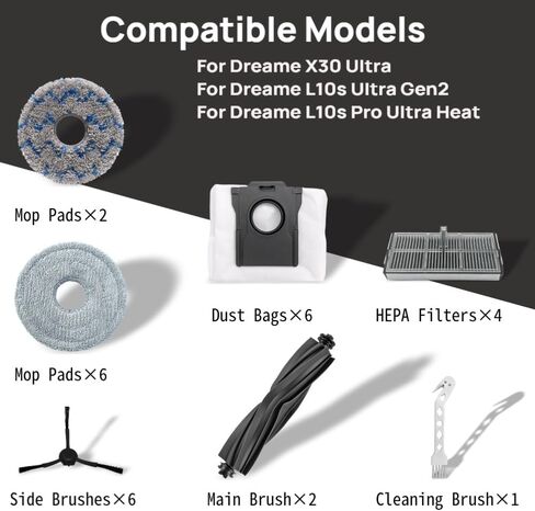 27Pcs Replacement Parts for Dreame L10s Ultra Gen2/L10s Pro Ultra Heat/X30 Ultra/Mova E30 Ultra Vacuum Cleaner Accessories Kit,2 Main Brush,4 HEPA Filters,8 Mop Pads,6 Dust Bags,6 Side Brushes in Saudi Arabia