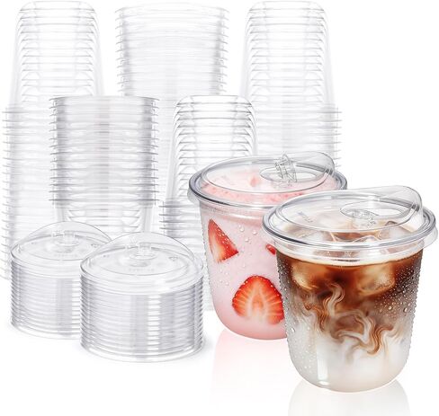 مجموعة Fit Meal Prep 100 عبوة من أكواب بلاستيكية شفافة بقاعدة مستديرة سعة 16 أونصة مع أغطية رشفة بدون شفاط، فناجين قهوة مثلجة للاستعمال مرة واحدة مع أغطية، أكواب خالية من مادة BPA للعصائر والمشروبات الوردية ومشروبات الحفلات والمشروبات الباردة in Saudi Arabia