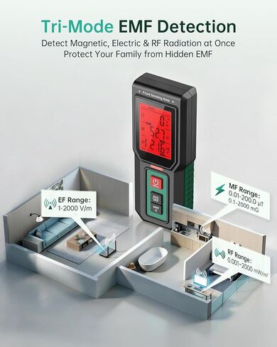 ERICKHILL 3 في 1 EMF متر للمنزل، كاشف EF MF RF متزامن، المجال المغناطيسي الكهربائي ومقياس إشعاع الترددات اللاسلكية، مستشعر ثلاثي المحاور، رسم بياني للاتجاه LCD، تنبيه إنذار لجهاز توجيه WiFi والأجهزة in Saudi Arabia