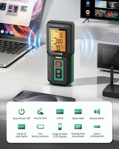 ERICKHILL 3 في 1 EMF متر للمنزل، كاشف EF MF RF متزامن، المجال المغناطيسي الكهربائي ومقياس إشعاع الترددات اللاسلكية، مستشعر ثلاثي المحاور، رسم بياني للاتجاه LCD، تنبيه إنذار لجهاز توجيه WiFi والأجهزة in Saudi Arabia