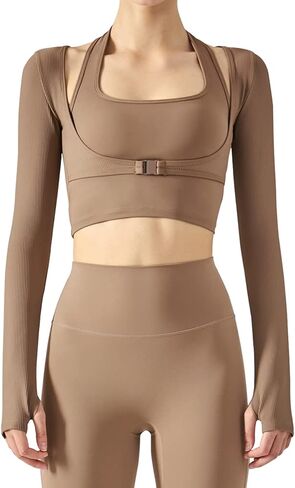 Women's Stretch Cutout Yoga Sports Jacket Long Sleeve Crop Top T Shirts with Thumb Holes in Saudi Arabia