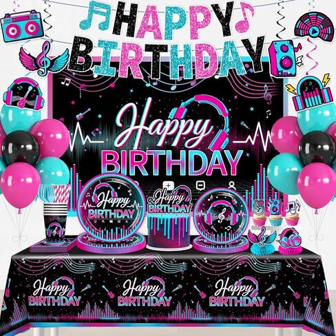 208pcs Karaoke Party Decorations Complete Tableware Set, for 25 Guests, Karaoke Birthday Party Decorations, Disposable Plates, Pre-strung Banner, Tablecloths for Music Birthday Decor in Saudi Arabia