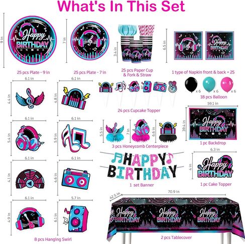 208pcs Karaoke Party Decorations Complete Tableware Set, for 25 Guests, Karaoke Birthday Party Decorations, Disposable Plates, Pre-strung Banner, Tablecloths for Music Birthday Decor in Saudi Arabia