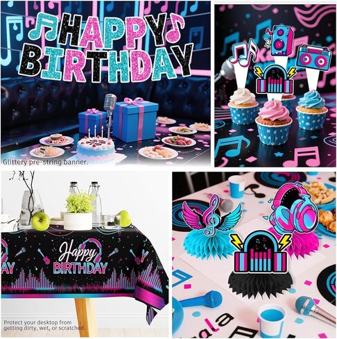 208pcs Karaoke Party Decorations Complete Tableware Set, for 25 Guests, Karaoke Birthday Party Decorations, Disposable Plates, Pre-strung Banner, Tablecloths for Music Birthday Decor in Saudi Arabia