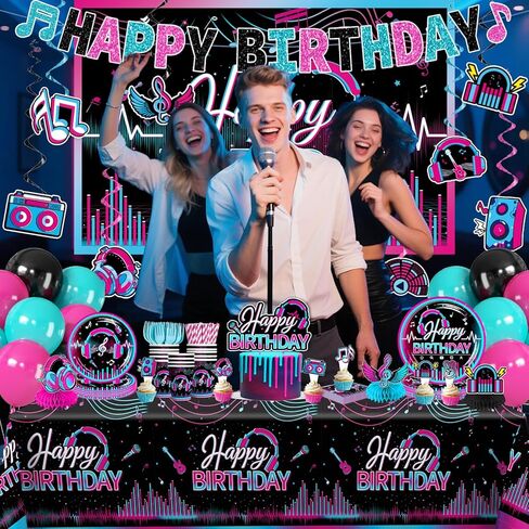 208pcs Karaoke Party Decorations Complete Tableware Set, for 25 Guests, Karaoke Birthday Party Decorations, Disposable Plates, Pre-strung Banner, Tablecloths for Music Birthday Decor in Saudi Arabia