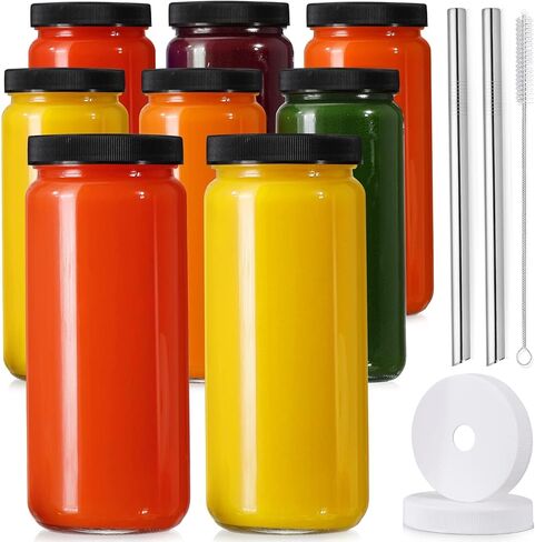 [ 8 Pack ] Glass Juicing Bottles with 2 Straws & 2 Lids w Hole- 16 OZ Travel Drinking Jars, Water Cups with Black Airtight Lids, Reusable Tall Mason Jar for Juice, Bubble Tea, Smoothie, Tea, Kombucha in Saudi Arabia